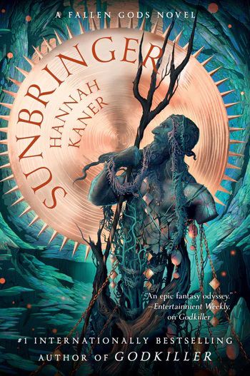 Cover art for Hannah Kaner’s Sunbringer, showing a Poseidon-like figure grasping a trident as the sun blasts in the background