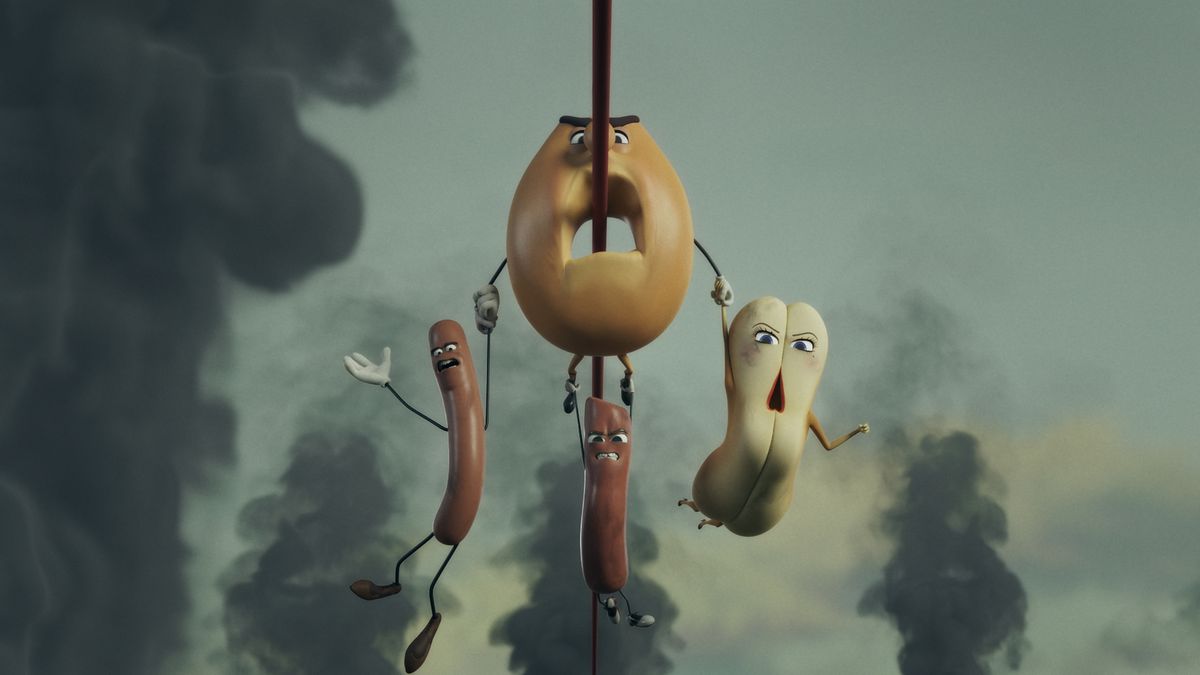 Olika karaktärer från Prime Videos animerade miniserie Sausage Party: Foodtopia zipline i aktion, alla hänger på en bagel som har spänt ziplinen genom sitt centrala hål