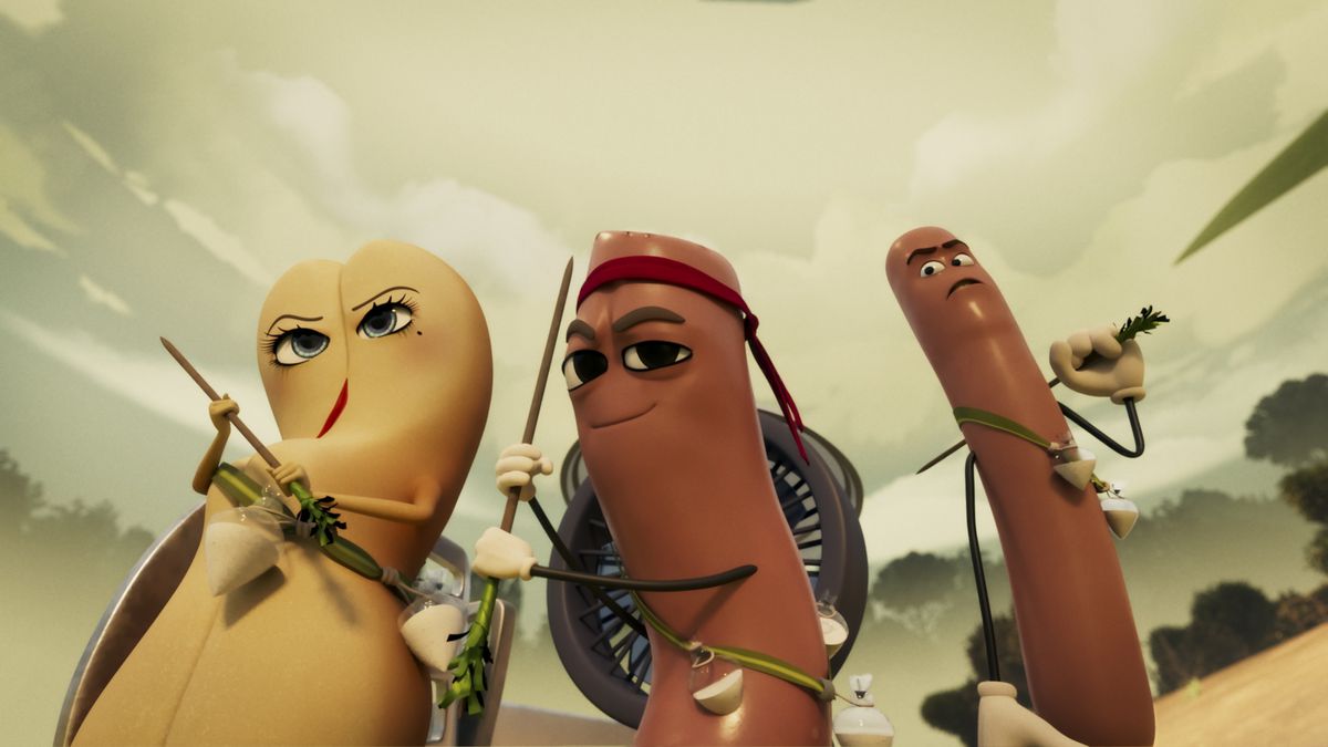 Bullen Brenda och korvarna Frank och Barry fryser i en actionpose, håller tandpetarsvärd och försöker se så fula ut som animerad mat kan, i Prime Videos animerade miniserie Sausage Party: Foodtopia