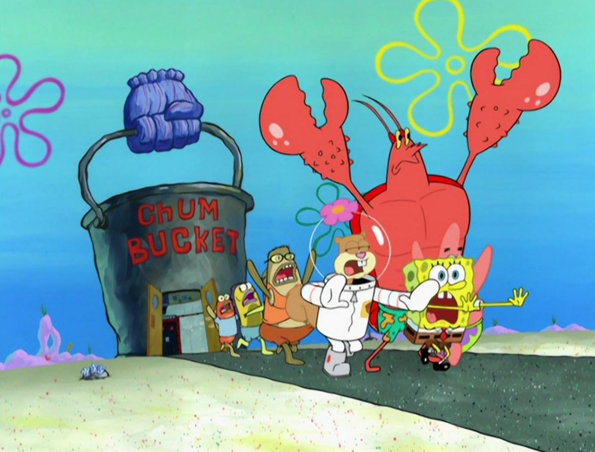 SpongeBob, Sandy, Larry the Lobster, Bubble Bass och andra bakgrundskaraktärer springer skrikande ut ur The Chum Bucket