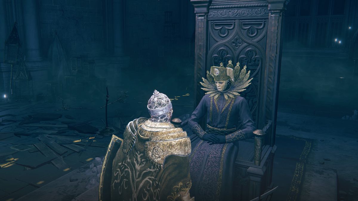 En skamfilad krigare talar med greve Ymir, en trollkarl som sitter på en trätron i Manus Metyr i en skärmdump från Elden Ring: Shadow of the Erdtree
