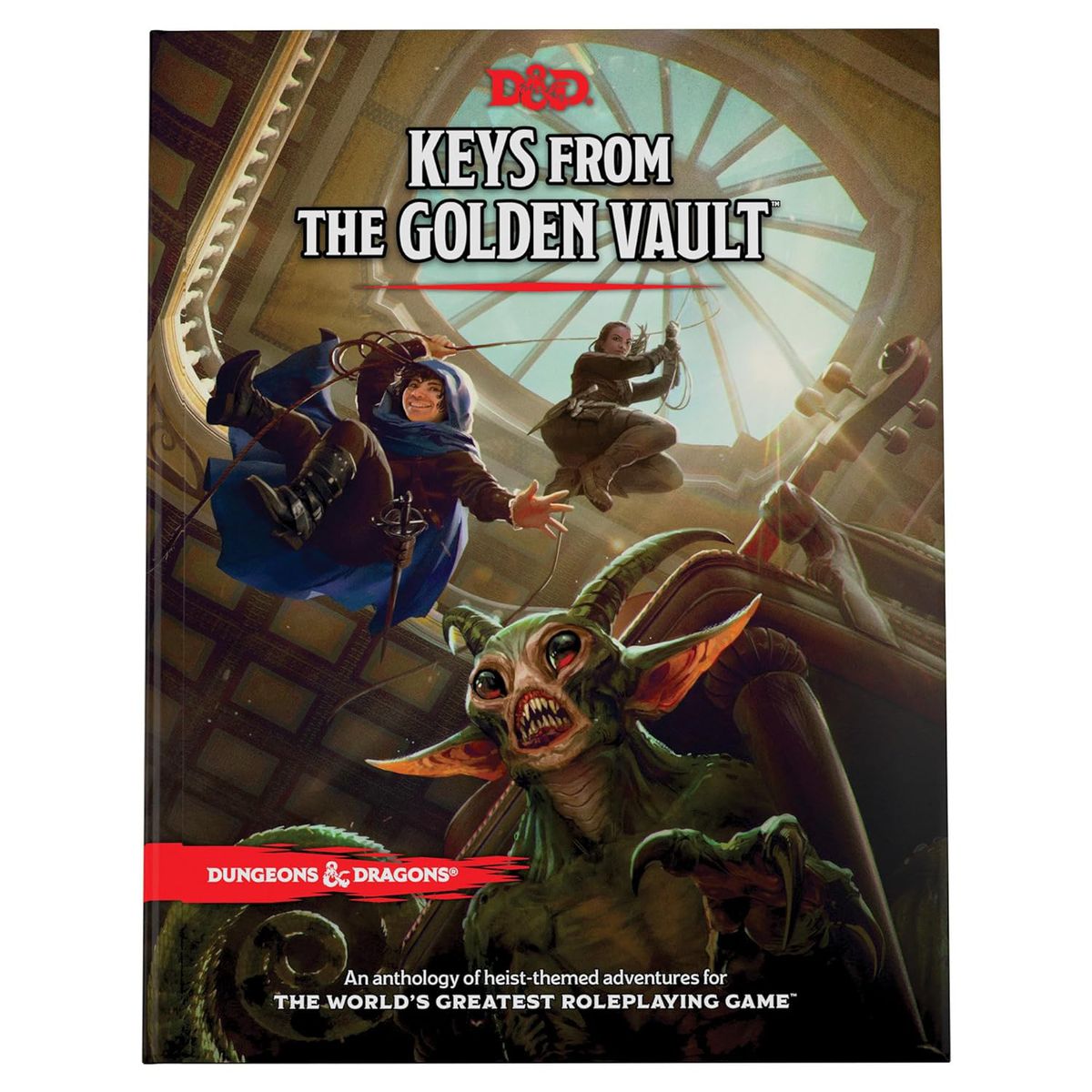 Omslaget till D&D heist-kollektionen Keys from the Golden Vault, som visar partimedlemmar som tappar från taket med hjälp av rep mot en varelse som gömmer sig under en stol.