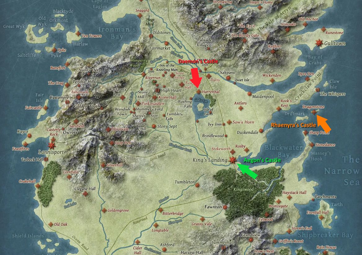 En karta över Westeros fokuserad på flodlandet, med etiketter för de viktigaste slotten under de första dagarna av Drakdansen