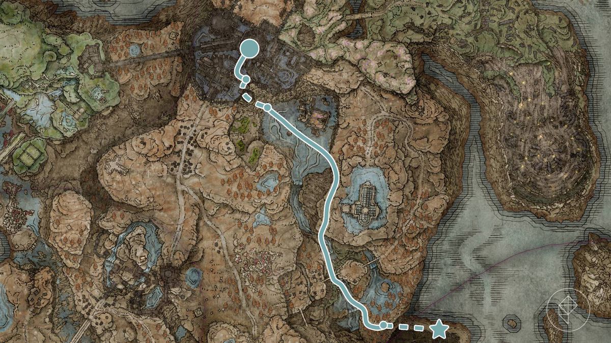 En karta över Scadu Atlus-regionen som visar hur man når Abyssal Woods i Elden Rings DLC, Shadow of the Erdtree.