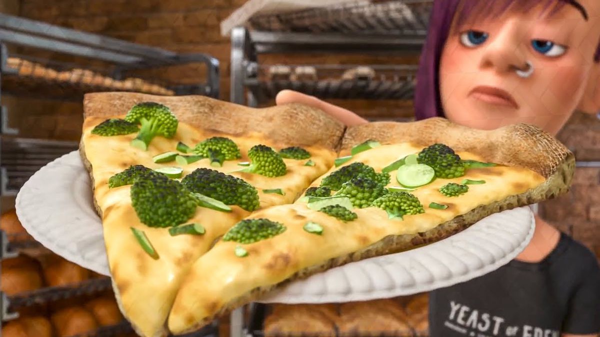 En animerad pizzaskiva med broccoli på