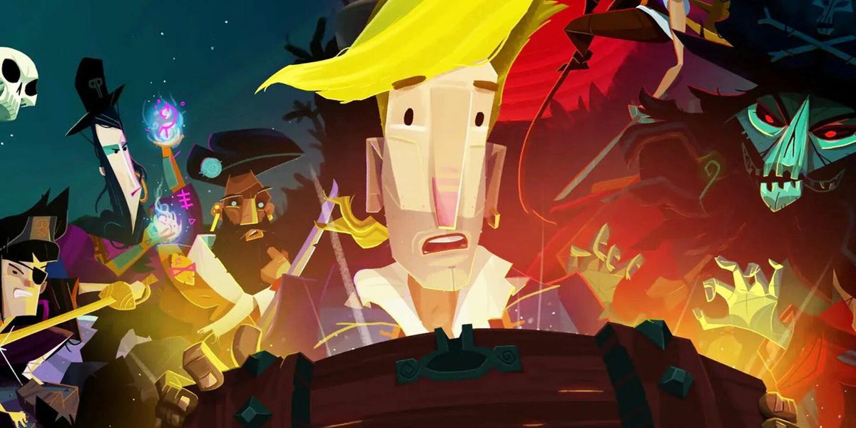 Guybrush och hans kohorter tittar in i en skattkista i Return to Monkey Island