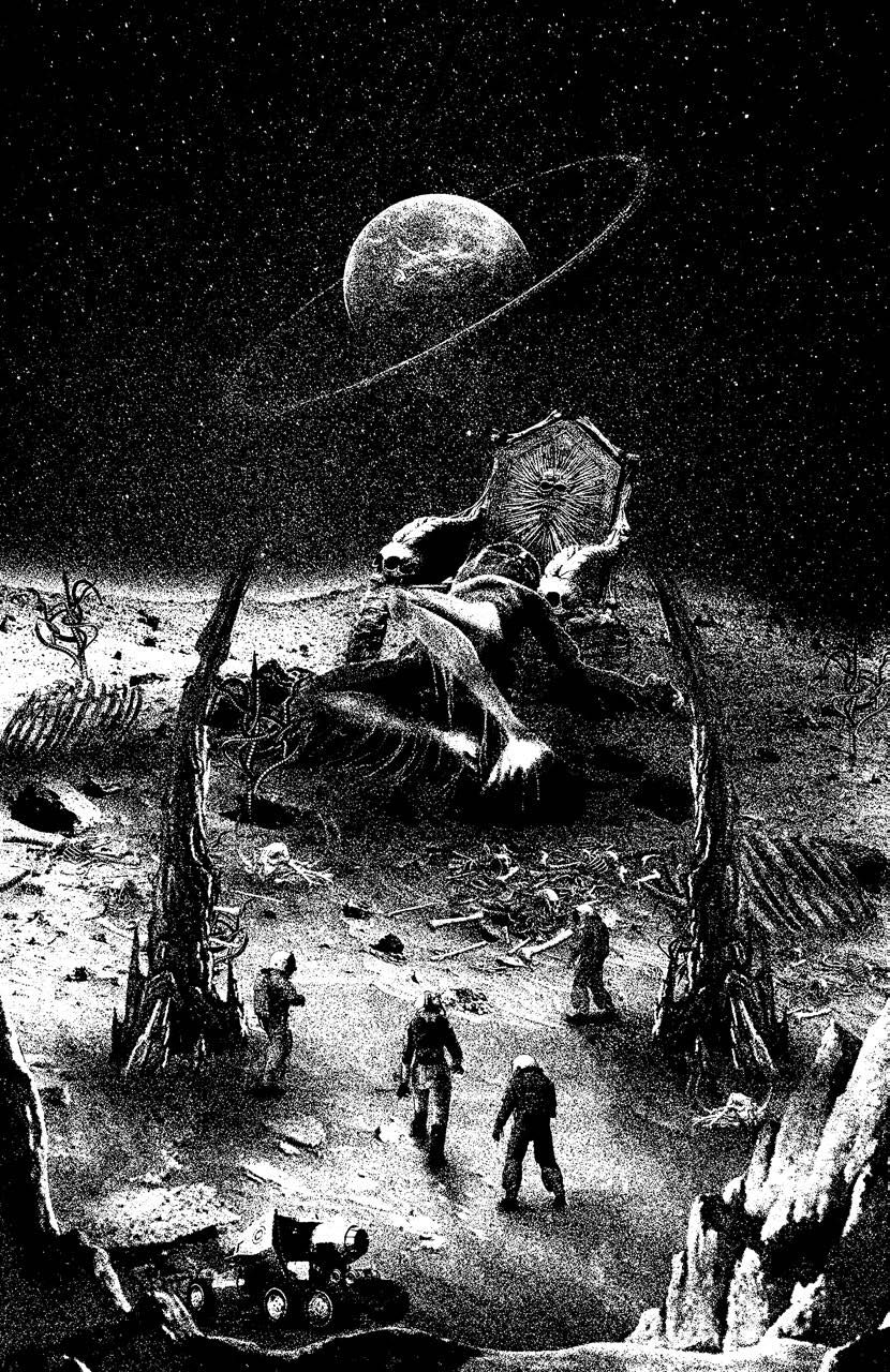 Fyra astronauter går över en ödslig måne täckt av ben.  En jätte ligger död nära en tron ​​framför dem, medan en ringmärkt planet sätter sig vid horisonten.