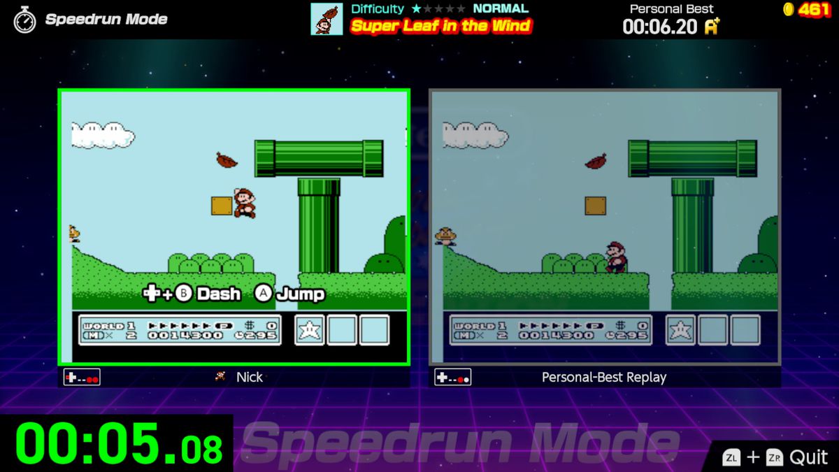 A screenshot of a trial in Speedrun Mode featuring Super Mario Bros. 3, in which Mario is trying to catch a leaf, from Nintendo World Championships: NES Edition