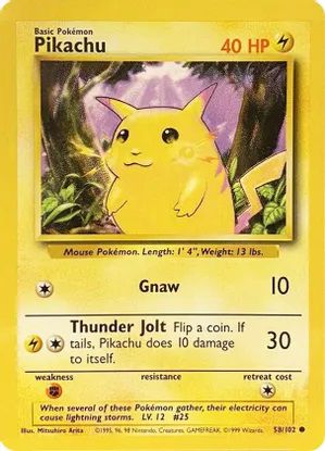 En bild av ett Pikachu-kort från basuppsättningen i Pokemon Trading Card Game.