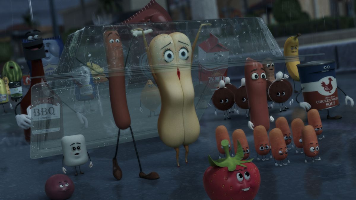 Olika antropomorfa livsmedel från Prime Videos animerade miniserie Sausage Party: Foodtopia, uppföljaren till 2016 års animerade inslag Sausage Party, står tillsammans på gatan: en korv och bulle, en marshmallow, ett gäng babymorötter, en tomat, en banan och många fler