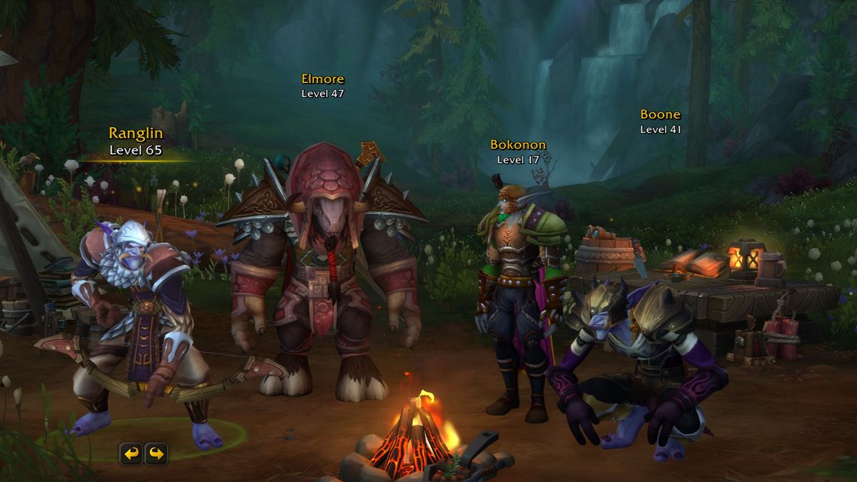 Fyra World of Warcraft-karaktärer står runt en lägereld: en Troll Hunter, en Tauren Monk, en Night Elf Druid och en Troll Warrior