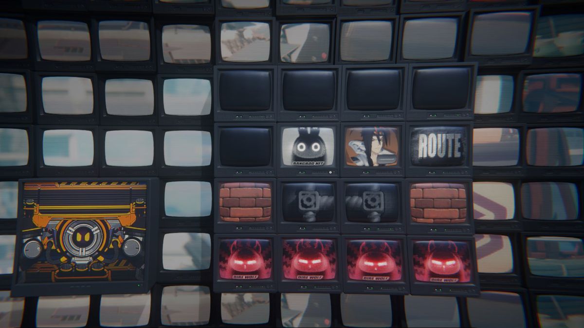 En skärmdump av Zenless Zone Zero som visar ett gäng TV-apparater i ett rutnät, med en karaktärs ansikte på varje TV, som visar fyra fiender på TV-apparater söder om karaktären Anton och spelarkaraktären